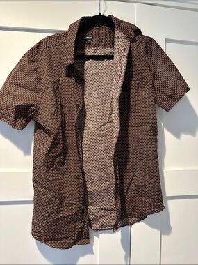 Express Brown Micro-Print Short Sleeve Button-Up Shirt